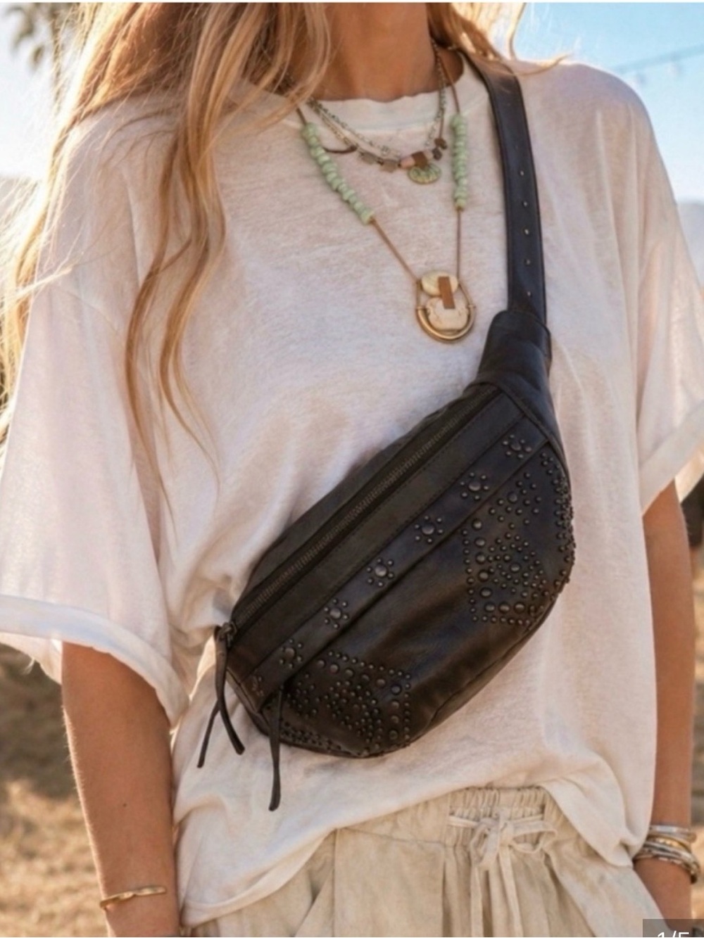 NWT Free People Black Studded Leather Mini Waist Bag